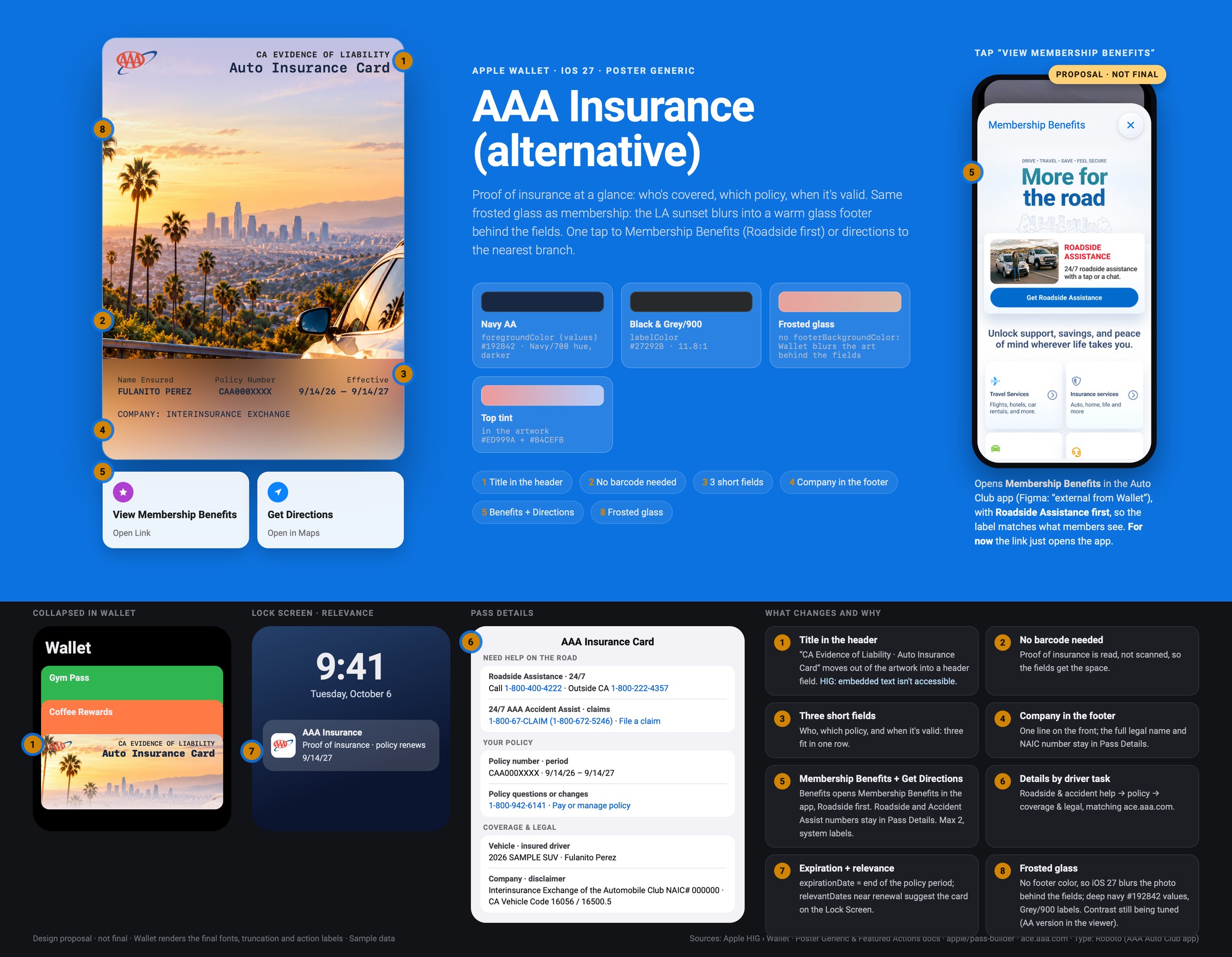 AAA Insurance (alternative) in the iOS 27 frosted-glass design: the LA sunset photo with palms runs the full card and blurs into a warm glass footer behind the deep navy fields, CA Evidence of Liability · Auto Insurance Card header, and View Membership Benefits and Get Directions actions